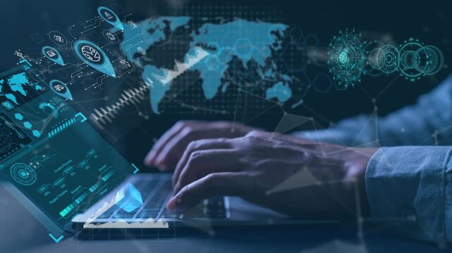 Businessman typing on a laptop with a digital SEO analytics dashboard overlay. Future marketing concept featuring global search traffic data, website ranking charts, and search engine strategy icons