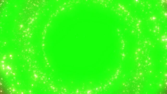 Glowing mystical golden particle border swirls around a bright green screen chroma key background perfect for special effects transitions or fantasy openings