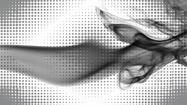 Abstract gray-scale image featuring a swirling smoke-like plume against a dotted, white background