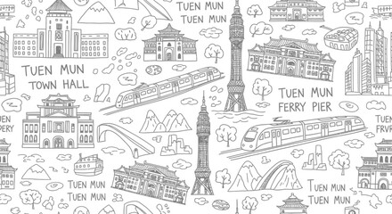 Tuen Mun Cityscape Doodle Iconic Landmarks and Transportation Hubs Seamlessly Integrated