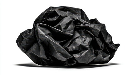 Crushed Black Glossy Paper Ball on White Background Illuminated by Studio Lighting in a Macro Still Life Composition