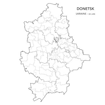 Vector Map of Donetsk Oblast De Jure with Administrative Subdivisions of Raions (Districts), and Hromadas (Communities), and Urban Raions (City Districts) of Donetsk, Horlivka, Makiivka, and Mariupol 