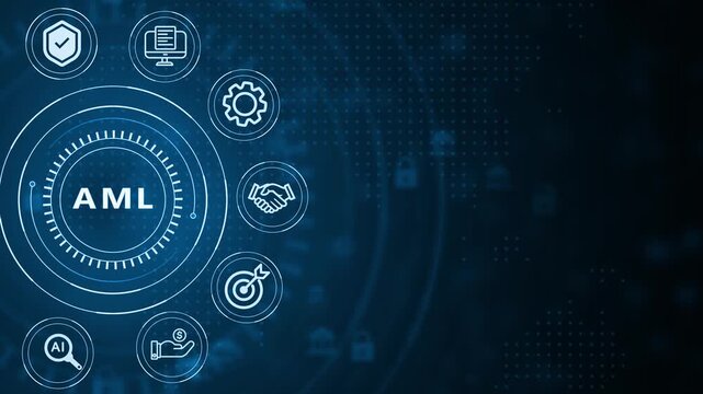 Futuristic digital interface with glowing blue concentric circles and against a dark blue abstract background with subtle grid patterns and faint lock symbols representing data security and