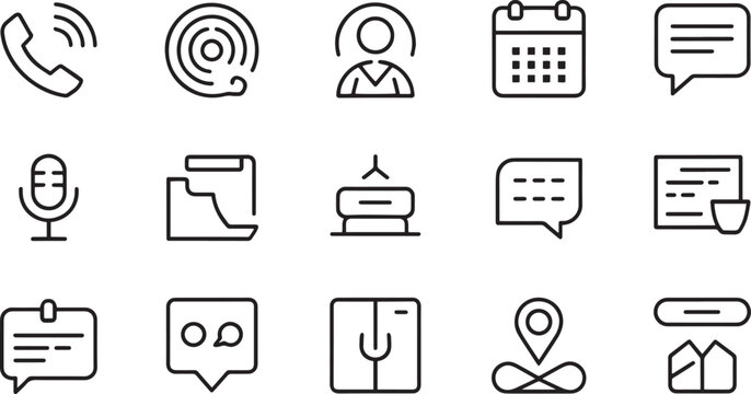 Set of communication and office icons on transparent background