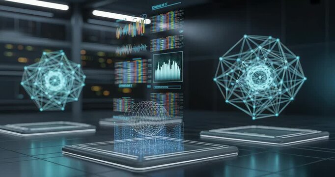 Futuristic technology interface with 3D network graphics and data visualization