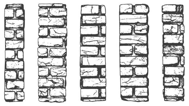 Set of Five Hand Drawn Stone Wall Sections Monochrome Vintage Sketch Style Texture Elements