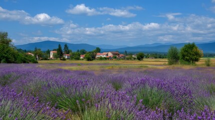 Obraz premium Scenic Lavender Field with Rolling Hills, Blue Skies, and Charming Country Village in the Background. Perfect for Nature Lovers and Travel Enthusiasts.