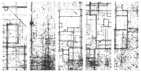 Set of five vertical grungy blueprint banners distressed architectural vector texture black and white abstract geometric overlay