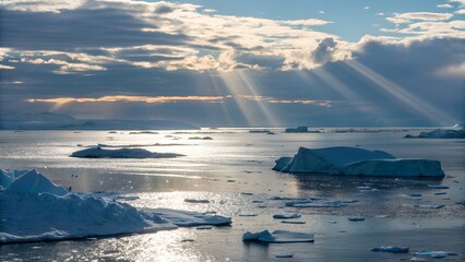Sun rays coming from clouds on ocean. 