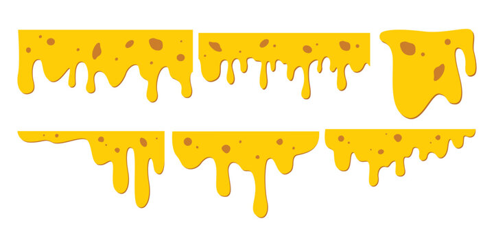 Set of melted driping cheese frame border. Yellow cheese drip for promotion, flyer, poster, banner food decoration. Vector illustration.