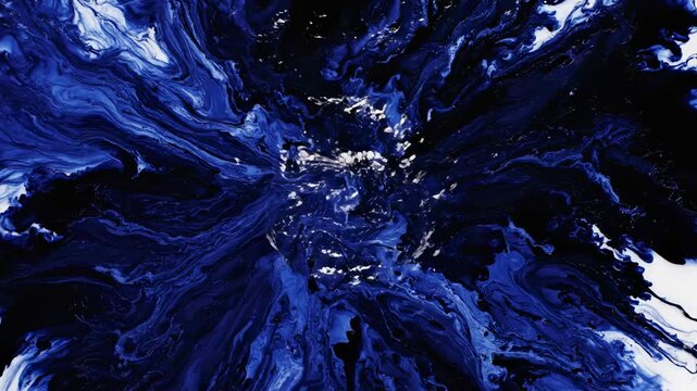 Abstract Blue and Black Ink Explosion on White Canvas Art.