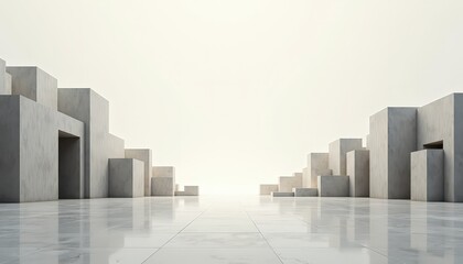 Obraz premium Abstract Geometric Cityscape with Reflective Surface and Soft Ambient Lighting