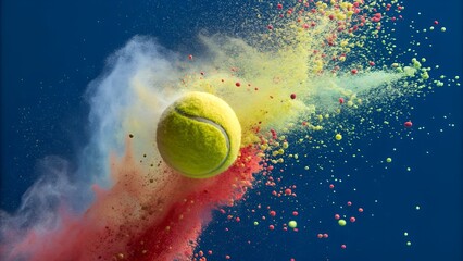 Tennis ball in the air surrounded by  green, white and red colors.