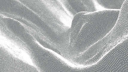 Fototapeten Grau Abstract grayscale landscape of flowing dots creating undulating waves and valleys background texture  © Vector point