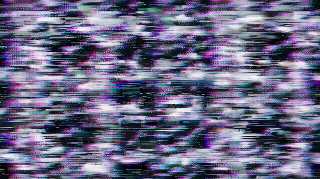 Abstract, colorful, digital noise pattern with horizontal streaks and pixelation