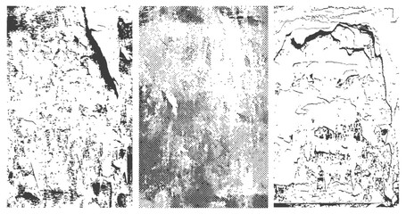 Three black and white distressed texture overlays vector set Grunge halftone cracked wall surface effect backgrounds