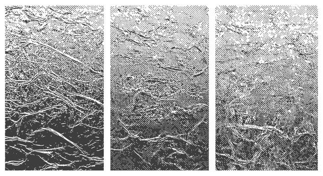 Three distressed vector halftone textures on crumpled foil backgrounds Black and white grunge overlay set
