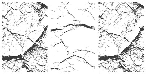 Fototapeta premium Set of Three Abstract Vector Cracked Grunge Textures High Contrast Distressed Surface Overlays Black and White Graphic Resource