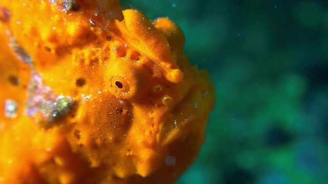 Close-up of a vibrant orange frogfish with textured skin and curious eyes underwater