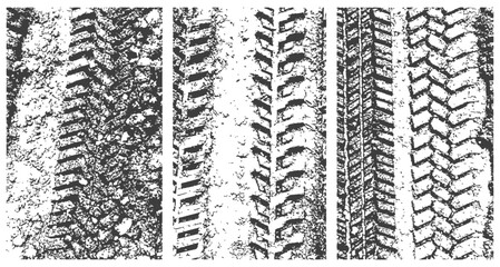 Set of three distressed vector tire tracks grunge textures monochrome background overlay