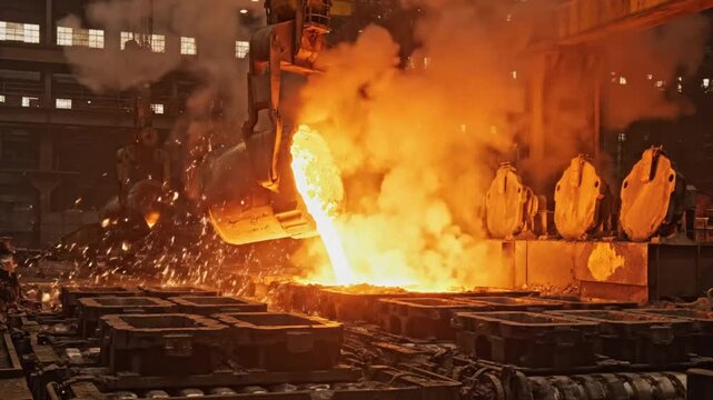 Molten metal being poured into molds in an industrial factory setting at night with sparks and smoke