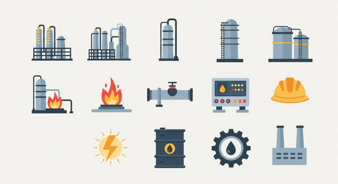 Industrial Icons Set Oil Gas Energy Production.