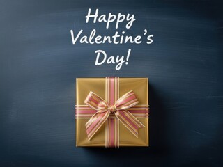 Gift box with ribbon on dark background with happy valentines day text