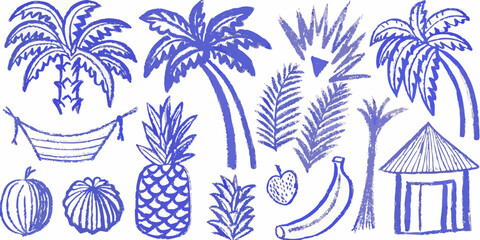 Naklejka premium Blue sketch of tropical elements including palm trees hammock and fruit