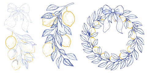Delicate lemon branches and wreaths with blue lines and yellow accents © Ganesh
