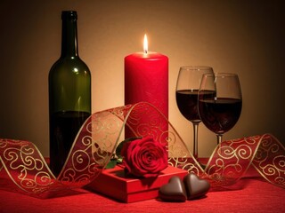 Romantic valentines day setup with wine, candle, rose, and chocolates on table
