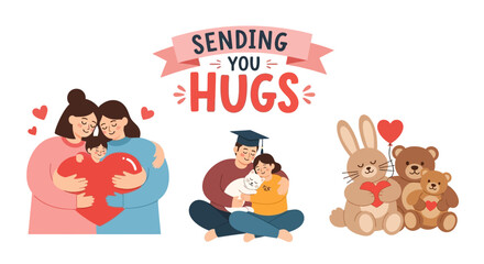 Fototapeta premium A heartwarming scene of people hugging and showing affection with cute animals and a graduation theme.