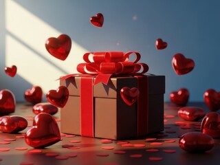 A beautifully wrapped gift box with red ribbon and hearts floating around it on a table