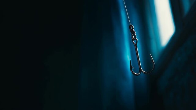 Blue fishing hook hanging in dark room, In a dark room, a blue fishing hook is prominently displayed
