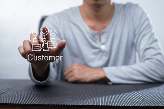 Happy Customer Interaction with Digital Icons at Work Environment