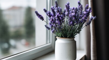 Naklejka premium Fresh Lavender in White Vase on Windowsill with Natural Light, Soft Background and Greenery, Perfect for Home Decor and Serenity Vibes