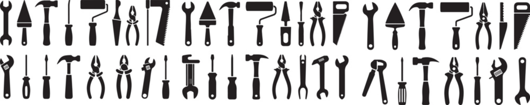 Assorted construction hand tools icons set featuring hammers wrenches pliers and screwdrivers layout