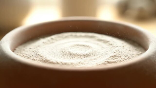 Fine white powder is gently sprinkled into a rustic bowl. This essential ingredient is ready for baking or cooking.