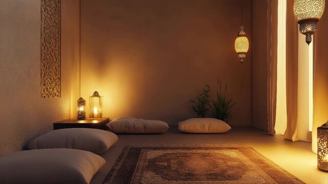Warm moroccan interior design with pillows, lanterns, and carpet in evening ambiance