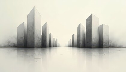 Obraz premium Abstract Geometric Cityscape with Minimalist Architecture and Reflective Surface Under Soft Ambient Light