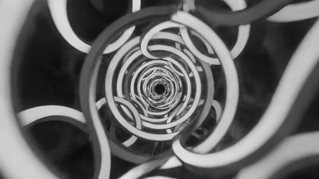A black and white tunnel view comprised of intertwined, curved elements that lead to a dark center
