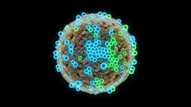 Microscopic view of a cell-like structure interacting with glowing particles. Blue and green elements attach and spread across its surface.