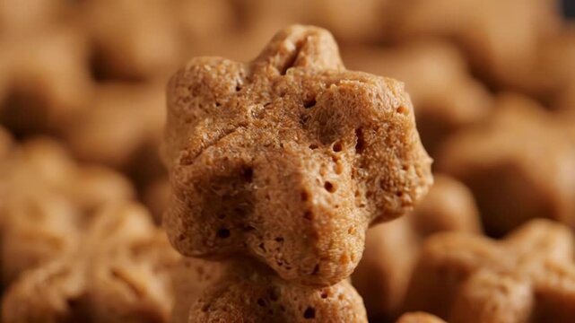 A delicious star-shaped cookie rotates slowly in close-up view. Its warm brown color and textured surface are clearly visible.