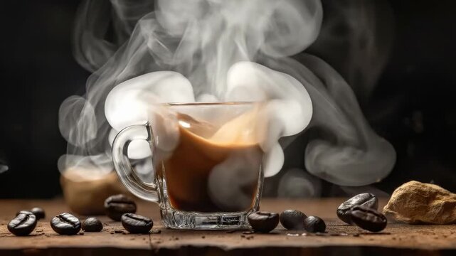 Aromatic steaming java beverage in a transparent mug, hot vapor gently rising above the dark liquid, surrounded by rich brown roasted beans on a natural wooden surface.