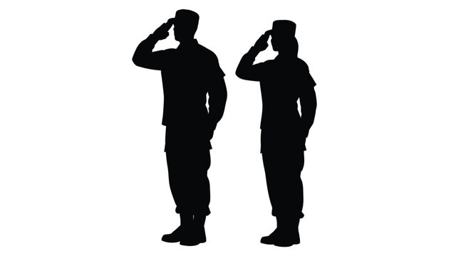 Two soldiers saluting in a stark black silhouette
