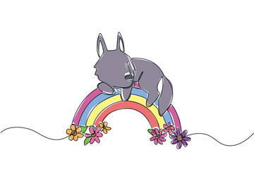 Fototapeta premium Single line drawing of sweet grey wolf cub napping peacefully on a vibrant, multi-colored rainbow arc decorated with spring flowers. adorable wolf rests peacefully, nature concept for nursery decor