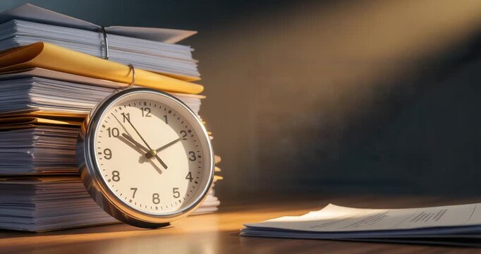 Deadlines drive business decisions with clock and paperwork