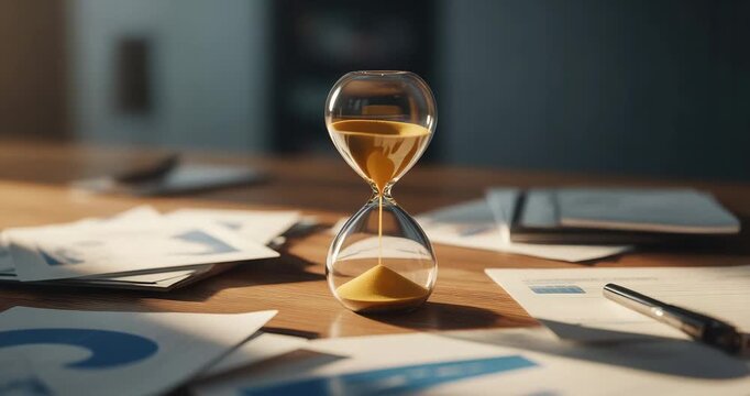 Hourglass on office desk with business documents and pen