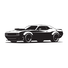 Naklejka premium Black and white muscle car vector illustration, classic American sports car silhouette, vintage automotive design, isolated on white
