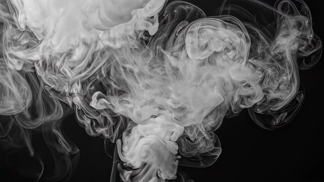 Abstract swirl of white smoke forming amorphous shapes against a black background