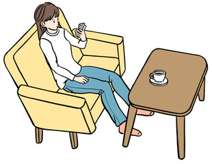 ソファーに座ってスマホをみる若い女性のイラスト
